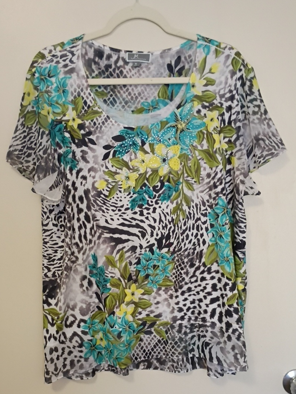 Short Sleeve Floral & Animal Print Top in Teal, Yellow & Black